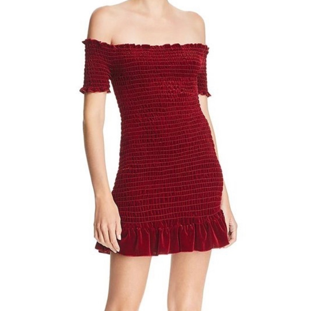 𝅺new Aqua Wine Red Smocked Off Shoulder Mini Dress US L